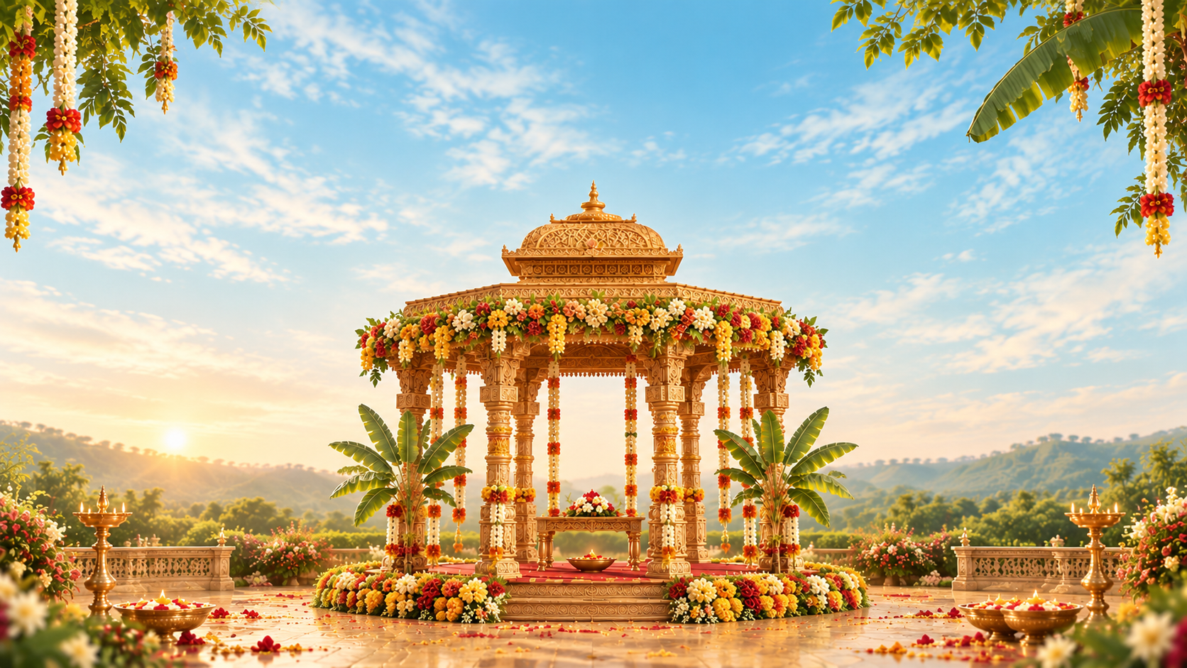 Golden wedding mandap with flower garlands beneath a bright blue sky